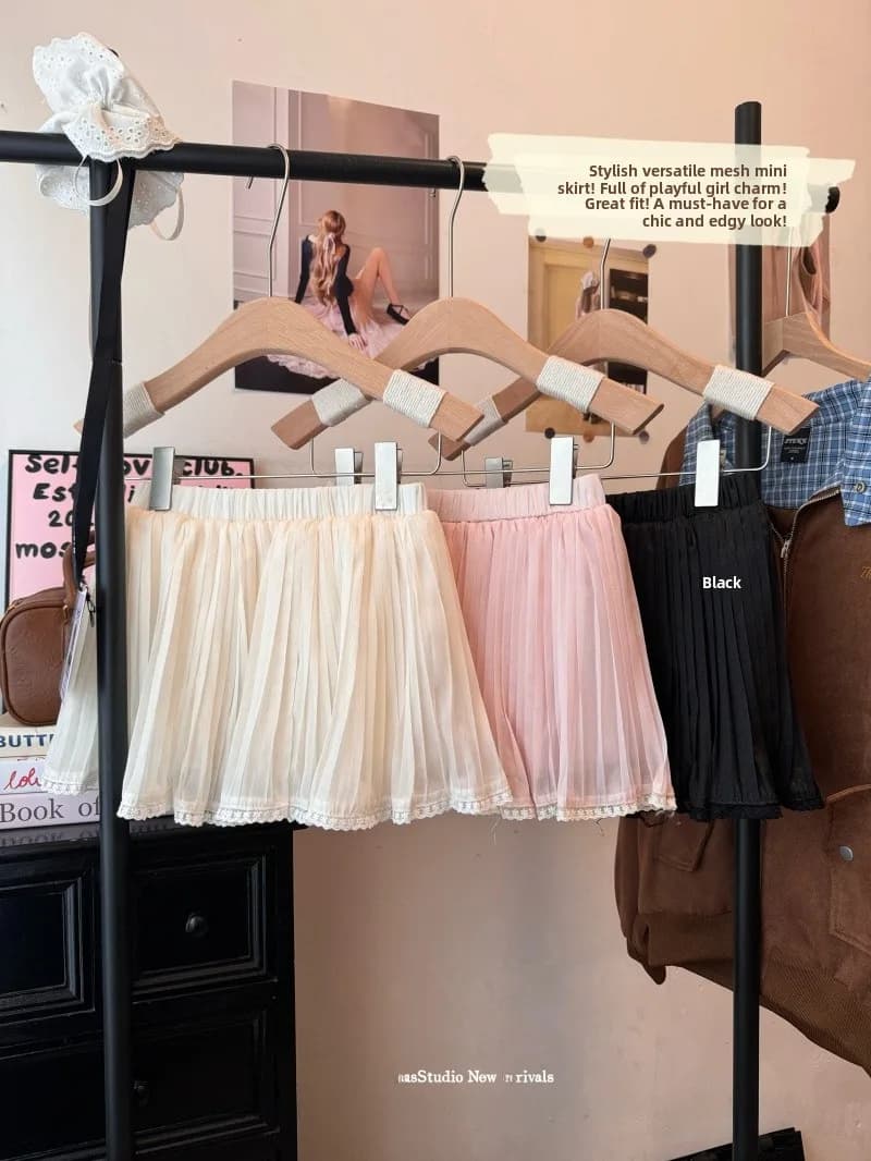 High Waist Pleated Chiffon Skirt Women's Summer Lace Trim Blouse Short Skirt Korean Style Commute A-Line Skirt