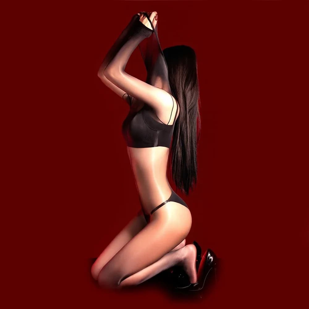 Women 1D Thin Open Crotch Bodysuit Yoga Shaping Tights Smooth Oil Glossy Shiny Elastic Leggings Sheer See Through Maid Leotard