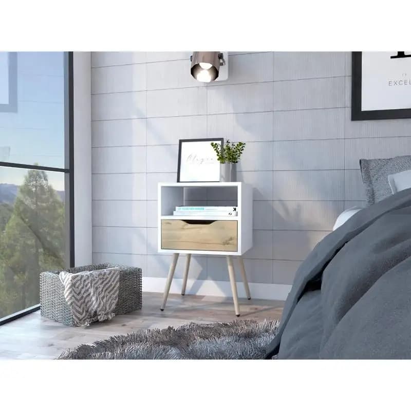 Comodino in rovere chiaro bianco, piano superiore, ripiano aperto, un cassetto, quattro gambe
