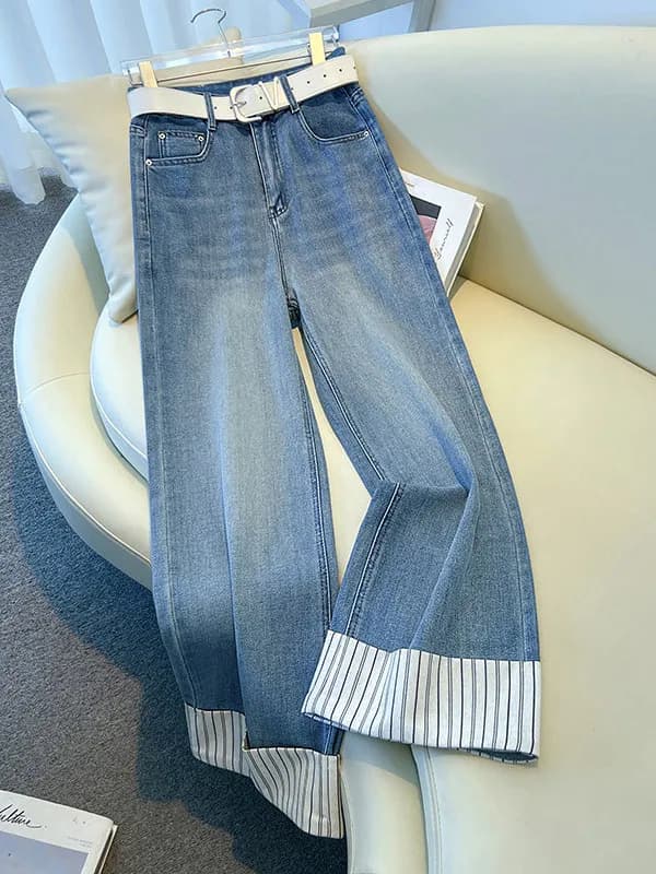Jeans Denim a Vita Alta e Gamba Larga da Donna, Nuovo Stile Primavera 2026, Pantaloni Estivi Trendy a Righe con Taglio Dritto e Orlo Risvoltato