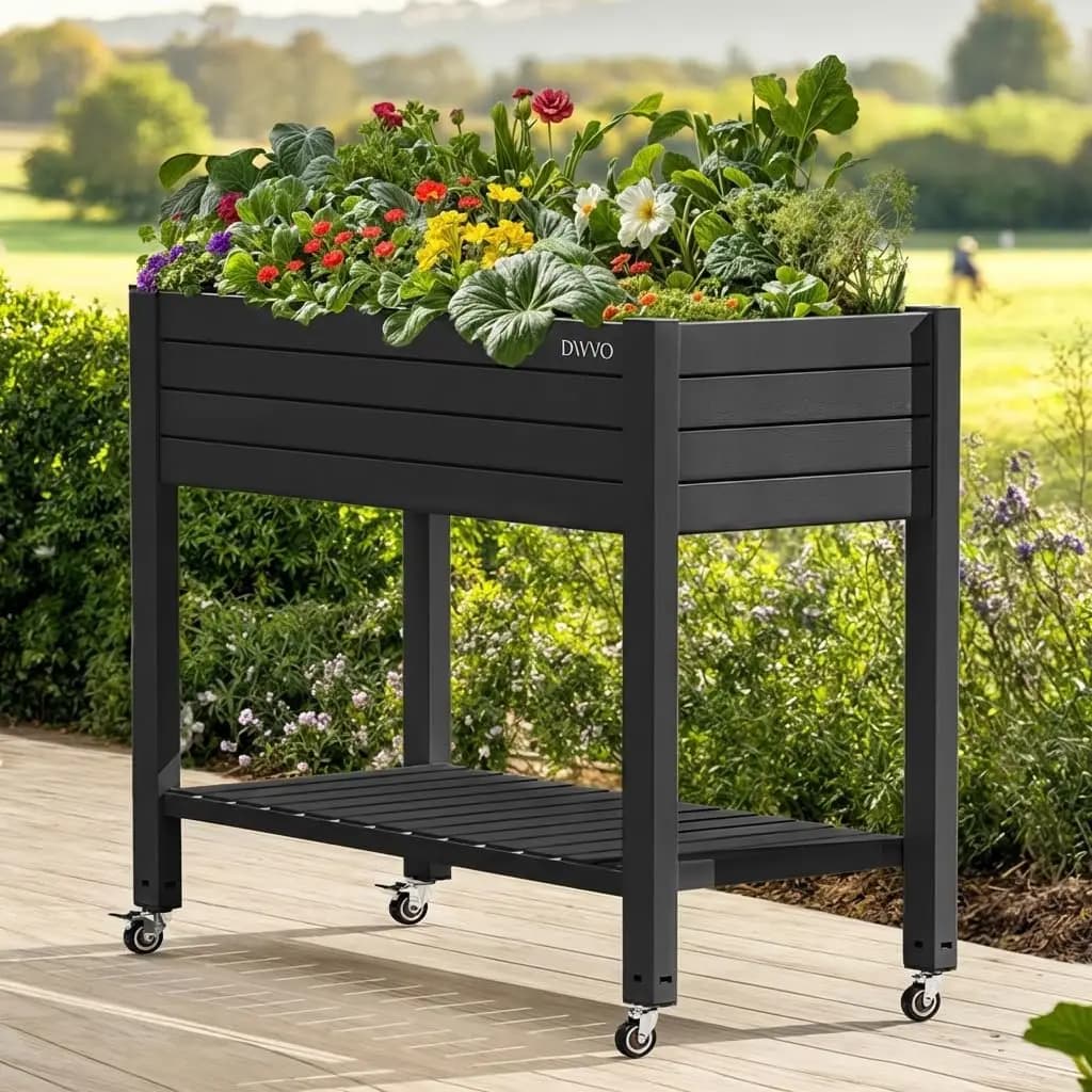 Kit per Aiuola Rialzata con Ruote, 3.6x1.5x2.8 FT, Fioriera da Esterno con Tappo di Drenaggio e Ripiano Portaoggetti per Verdure e Fiori