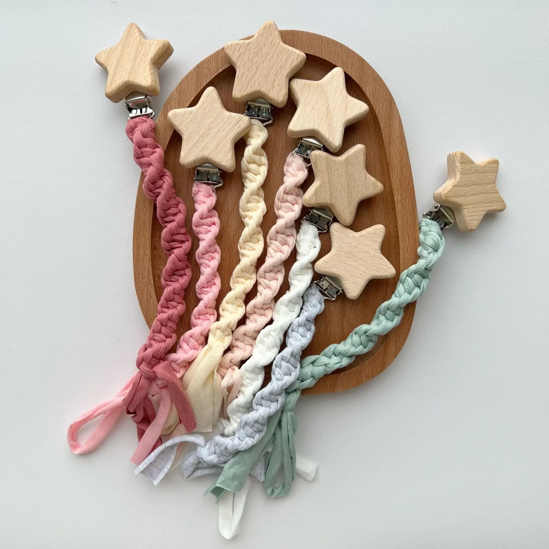 Wooden Star Baby Pacifier Clip Handmade Woven Elastic Rope Pacifier Clip Clip Chirldren Pacifier Teething Glue Anti-drop Chain