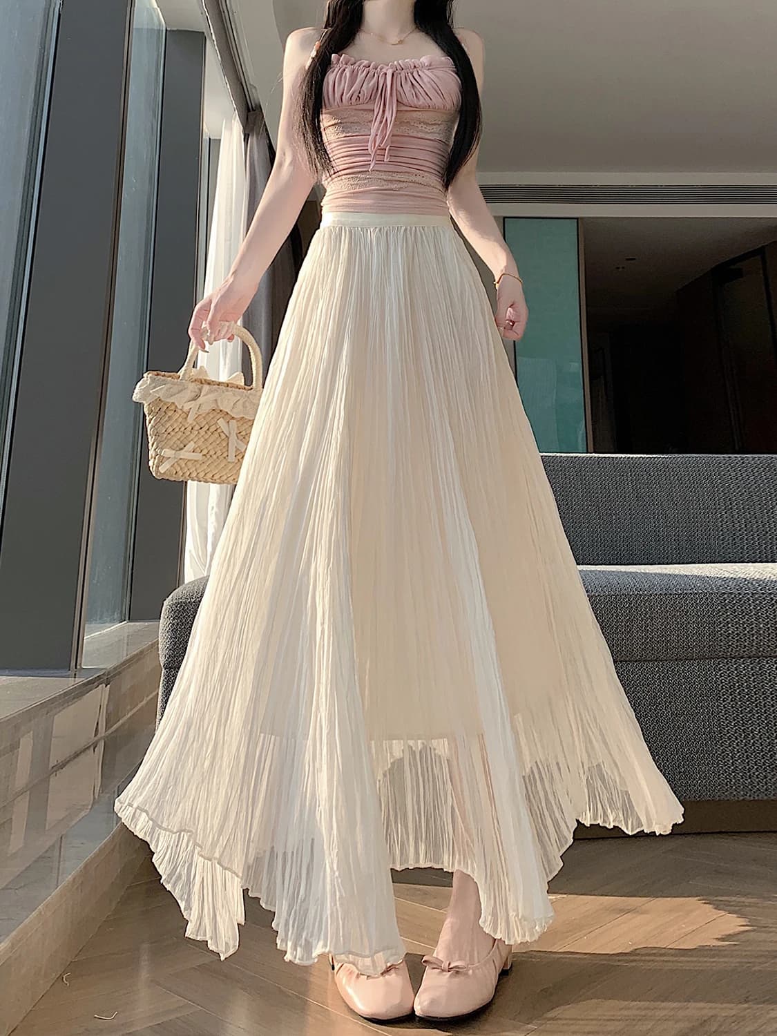 2026 New High Waist A-Line Skirt Women's Summer Elastic Waist Half Skirt Elegant Drapey Style Sweet Countryside Casual Polyes...