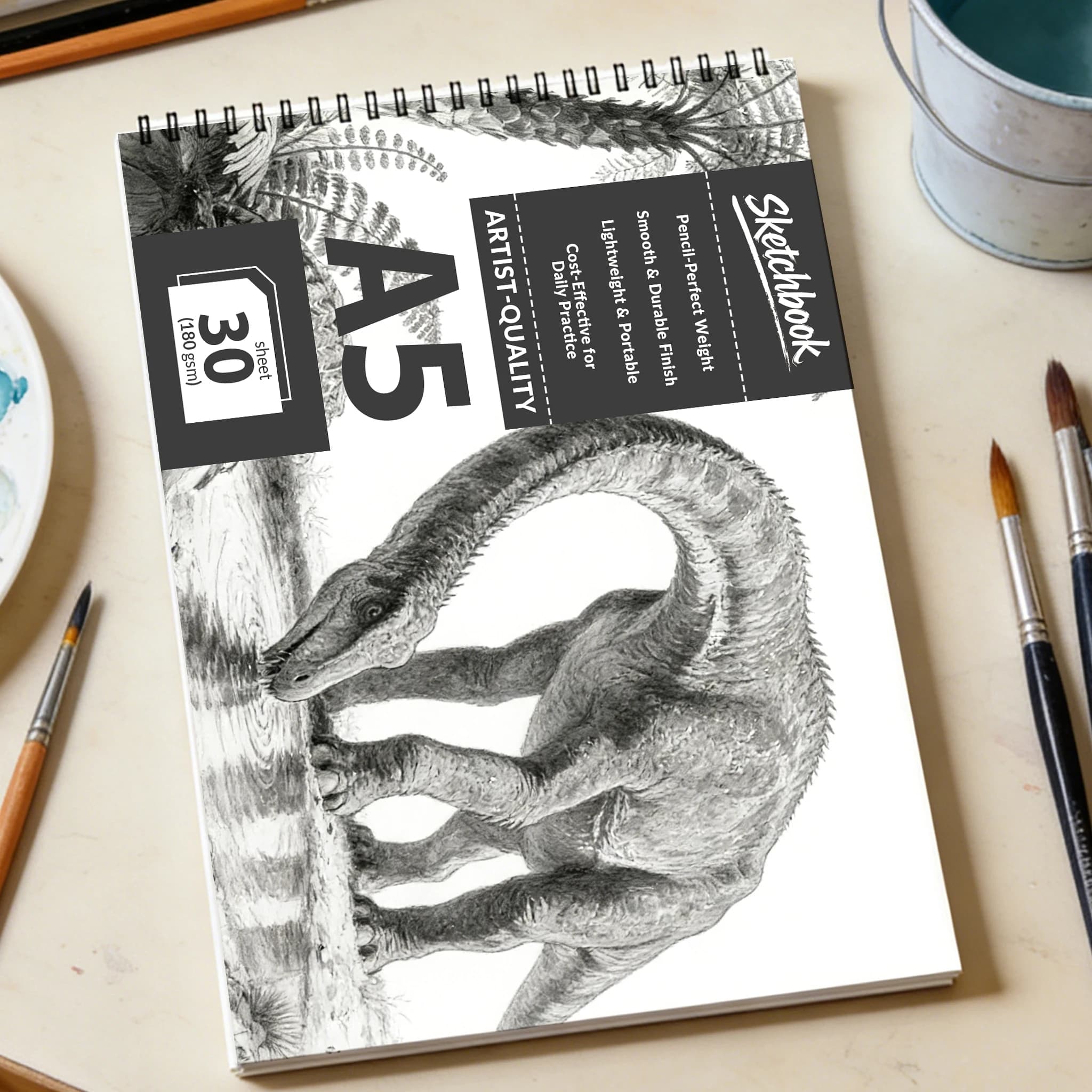 A5 Spiral Sketchbook, 30 Sheets (180gsm) Brachiosaurus Pencil Drawing Art Notebook, Portable Artist Sketch Pad for Back to Schoo