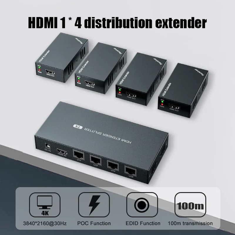 1x4 HDMI Extender Splitter 1080p Over Cat5e/Cat6 Ethernet Cable with Loopout - Up to 50m/165ft - EDID Management 1920*1080@60Hz
