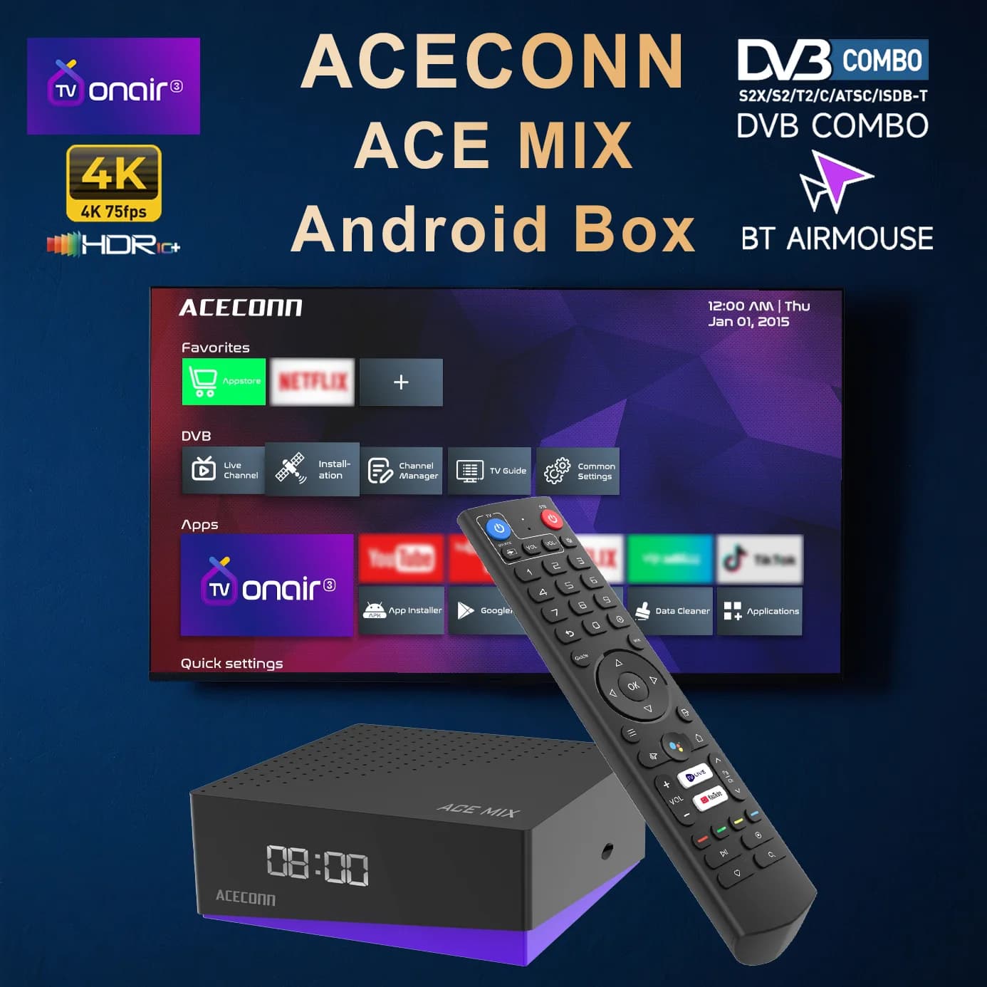 ACECONN Ricevitore satellitare Android IPTV Box 4K DVB-S2/T2/C TVONAIR3 Lettore da 32 GB Doppio WiFi BT Remote Air Mouse ACEMIX TV Box