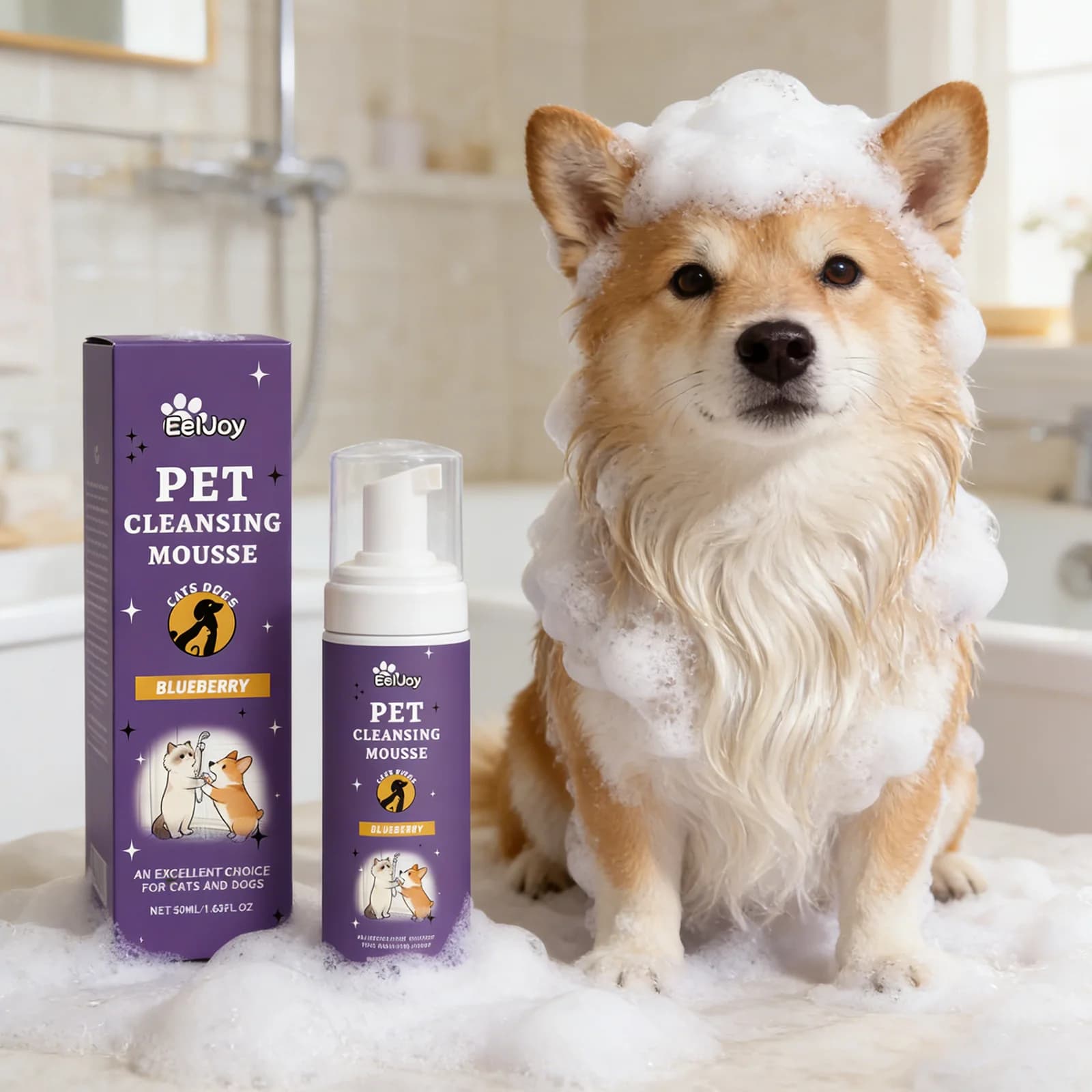 Shampoo a Secco in Schiuma per Cani e Gatti - Elimina Rapidamente gli Odori e Districante - Mousse Detergente Delicata Senza Acqua con Estratto di Frutti di Bosco