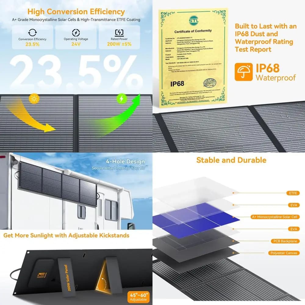 Pannello Solare Portatile 24V 200W con Protezione IP68 e Rivestimento ETE per Campeggio, Camper e Backup di Alimentazione d'Emergenza