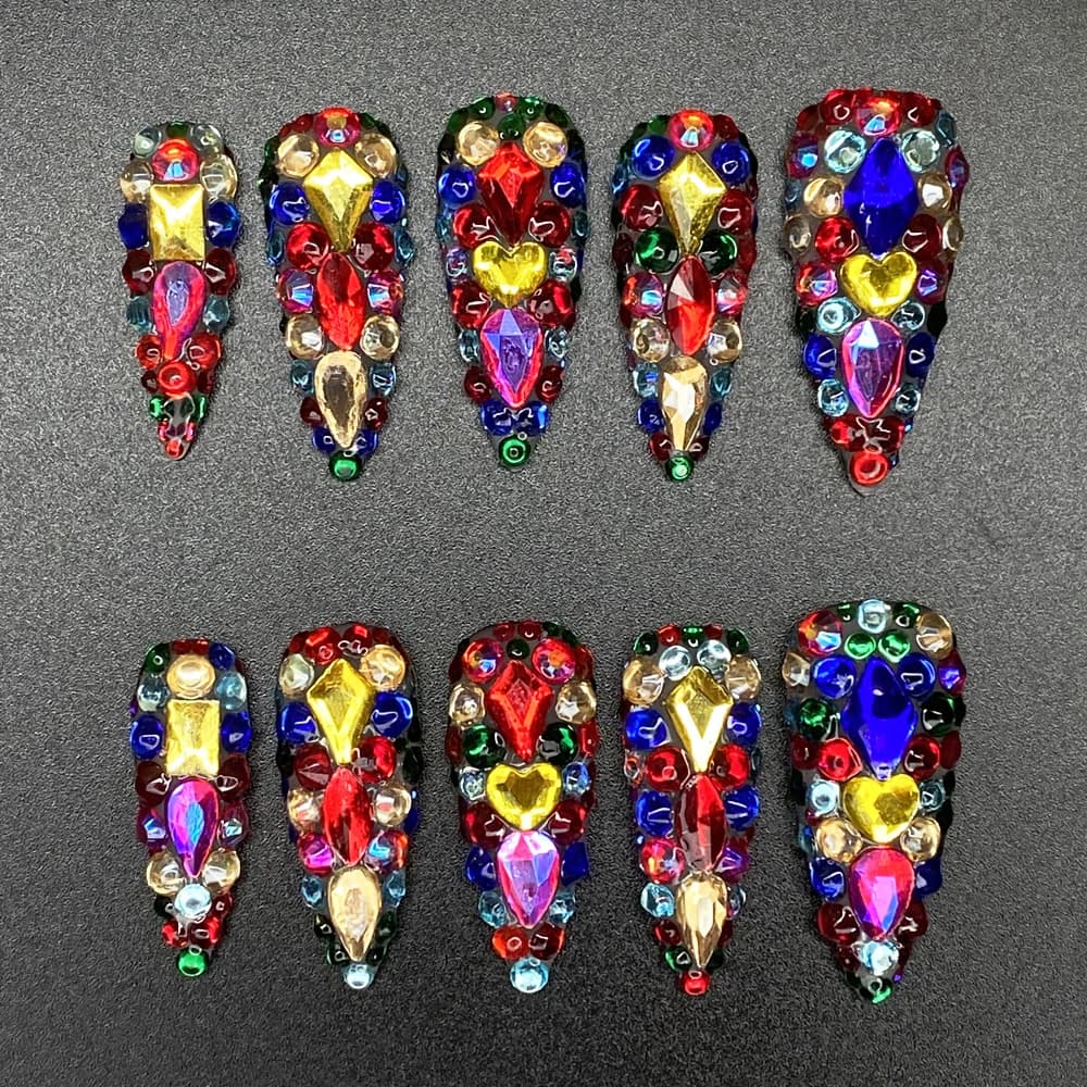 Faux Acrylic Nails Stiletto 35mm with Colorful Strass, Durable and Shiny, Set of 10 Pieces for Nail Art