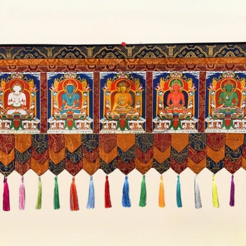 Tenda in Tessuto Stile Tibetano con Cinque Draghi Colorati e Buddha, Tenda Speciale Fatta a Mano per Porta, Tende Artigianali per Tempio e Culto Domestico