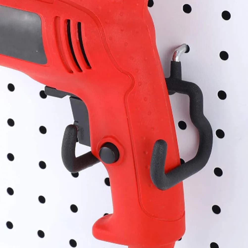 Set di 4 Ganci in Acciaio Rinforzato con Gomma per Pannello Forato, per Organizzazione Attrezzi in Garage e Officina, Organizzatore per Trapano, Pinze, Asciugacapelli