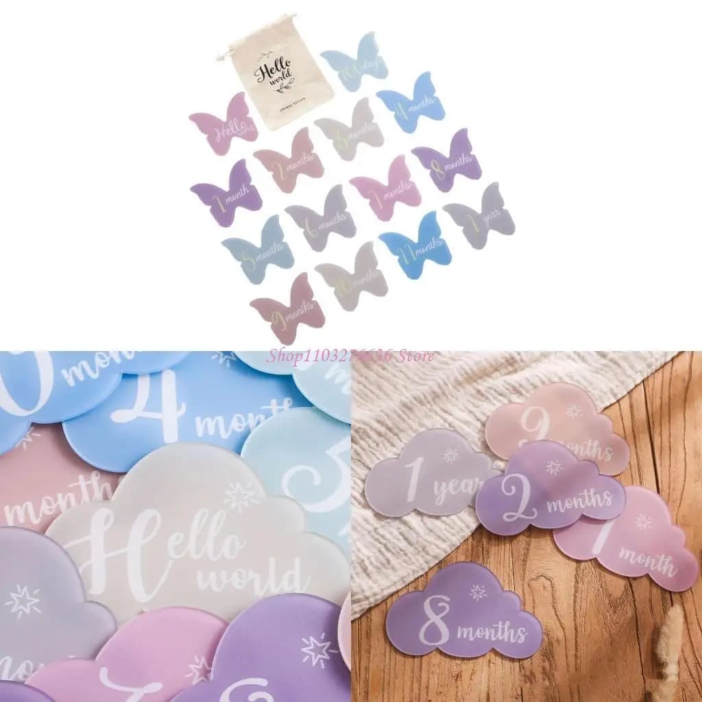 14 Pezzi Carte Milestone per Neonati in Acrilico a Forma di Farfalla/Nuvola Accessori Fotografici per Registrare la Crescita Mensile del Bambino Unisex