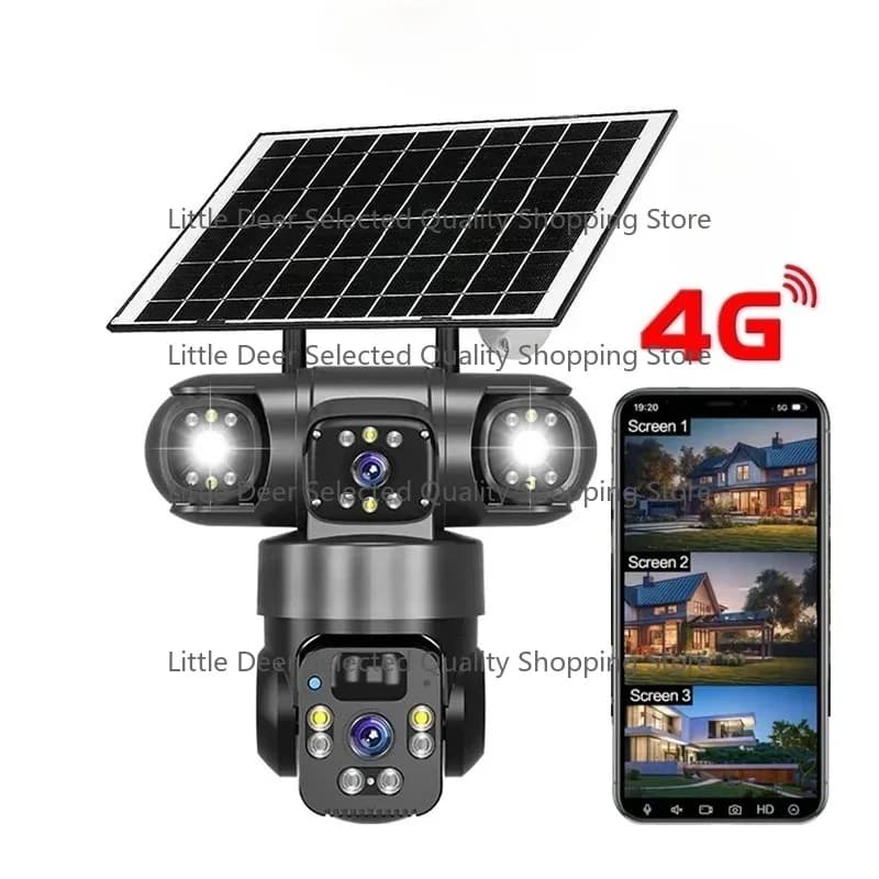Telecamera da esterno con pannello solare a tre schermi Telecamera CCTV con scheda SIM 4G con rilevamento del movimento rotante a 360 gradi
