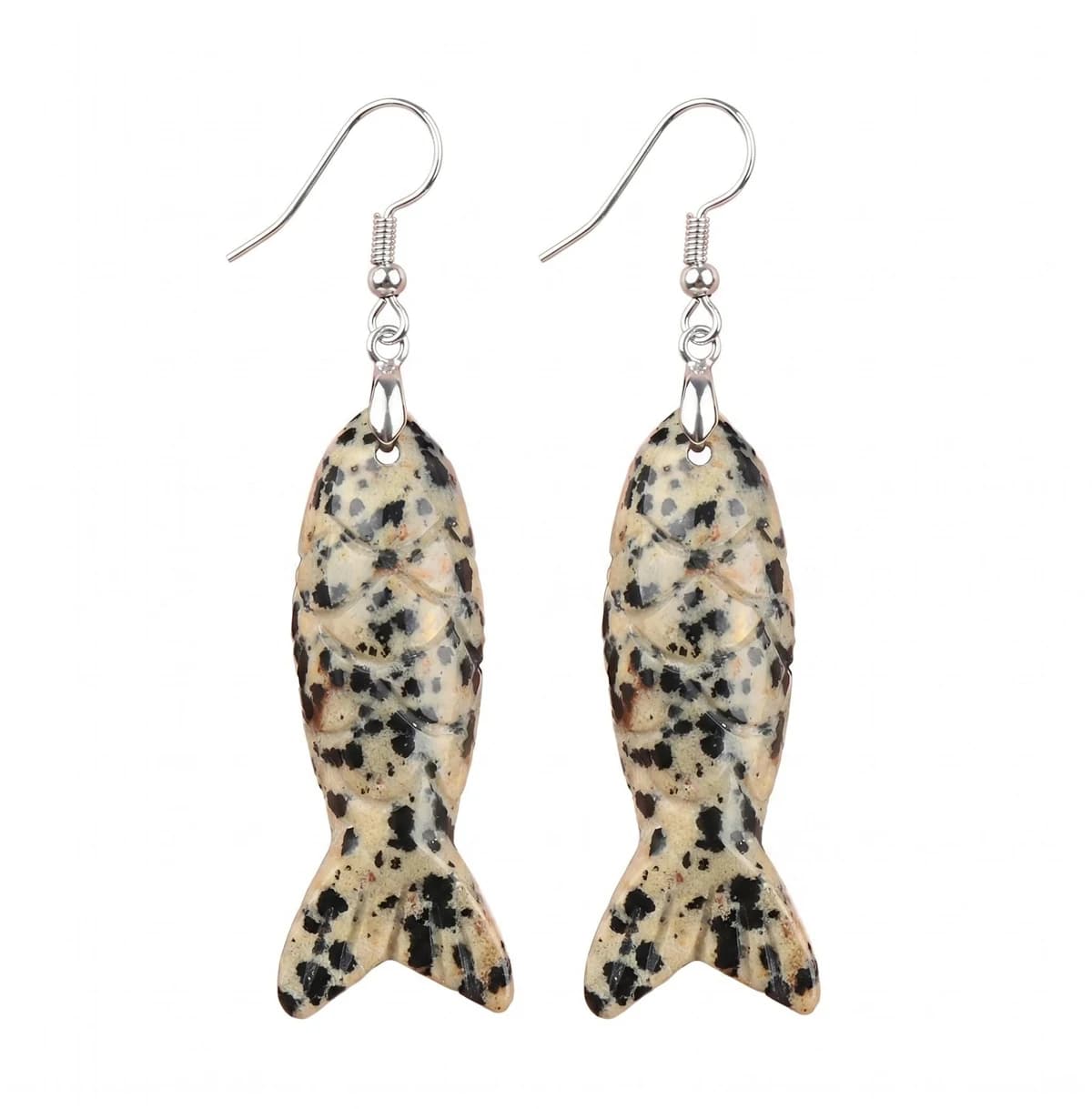 Orecchini a Forma di Pesce in Diaspro Dalmatino per Donne, Orecchini Pendenti in Cristallo con Ganci Ipoallergenici, Gioielli con Pietre Curative