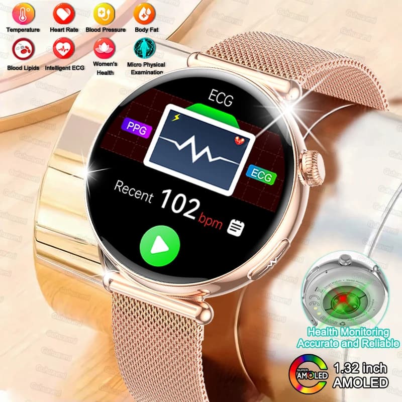 Women's Health Smartwatch 1.32 Inch AMOLED Screen Sports Clock Blood Pressure Micro Physical Examination Dial AI Smart Watches ECG