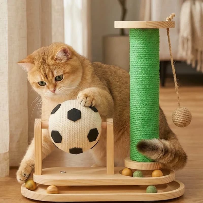 Solid Wood Cat Tree with Football Shaped Scratcher & Turntable Toy, Durable Non-Shedding Interactive Cat Toy for Climbing.