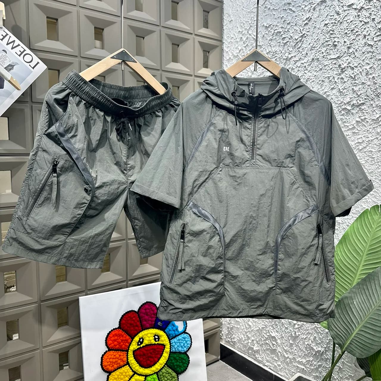 Men's Casual Sportswear Short Sleeve Hoodie Set Lightweight Breathable Half Open Collar Quick Dry Shorts Sun Protection