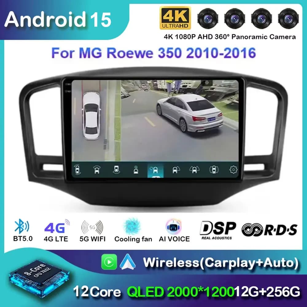 For Roewe MG 350 2010-2016 8Core 8+128G 1280*720P Car Multimedia Radio GPS CarPlay 360 Panoramic Voice Control 4G WiFi Head Unit