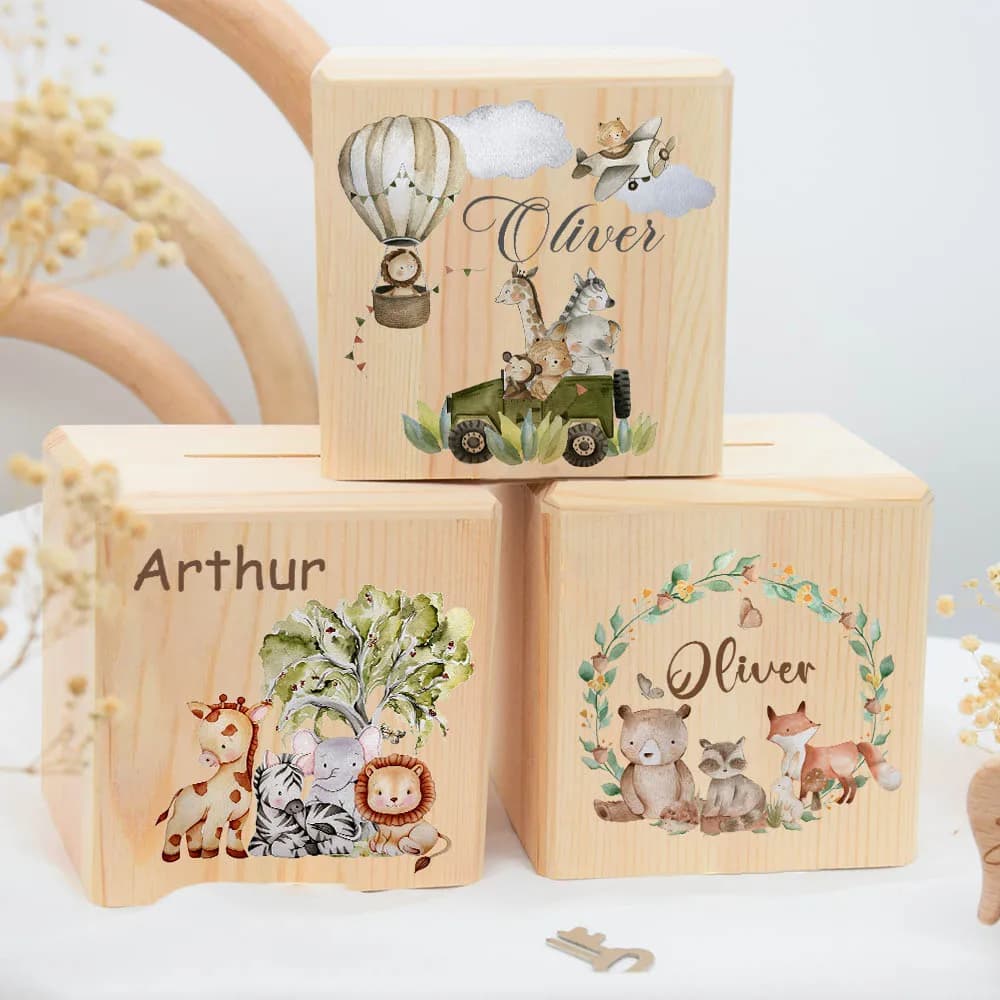Salvadanaio personalizzato Animale con nome Salvadanaio per bambini Scatola per raccolta monete Salvadanaio in legno Compleanno per bambini Battesimo Doccia Regalo