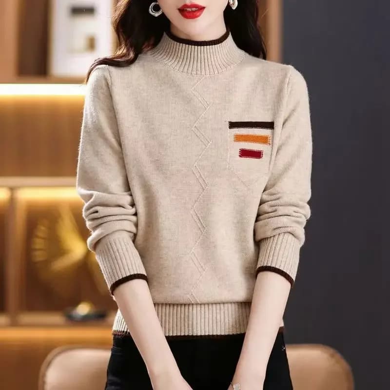 Autumn Winter Women Sweaters Pullovers Mock Neck Patchwork Contrast Color Fashion Casual Long Sleeve Bottoming Shirt Knit Tops