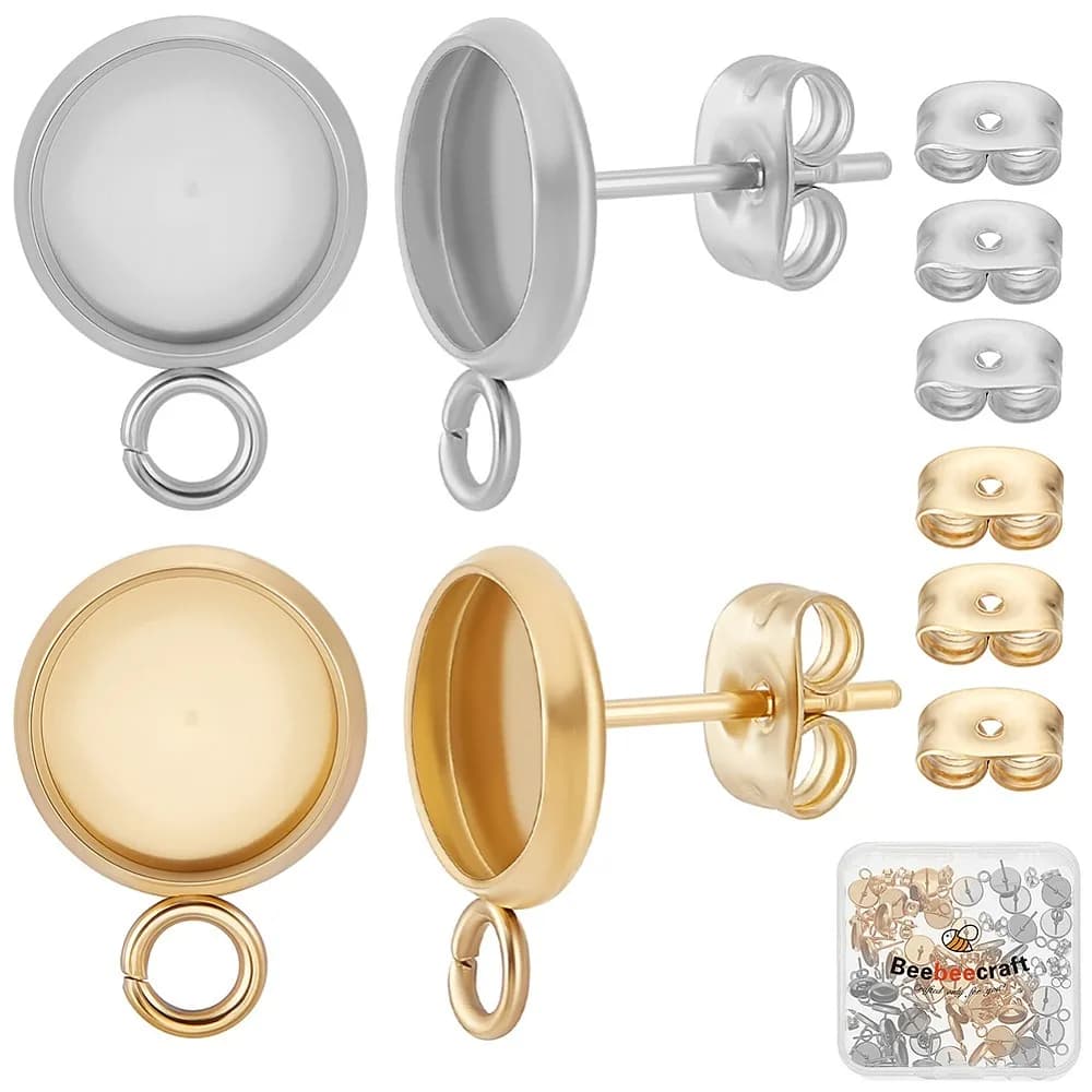 48Pcs 2 Styles Stainless Steel Stud Earring Findings with Cabochon Settings Mixed Color Hole: 2.5mmTray Size: 8mm
