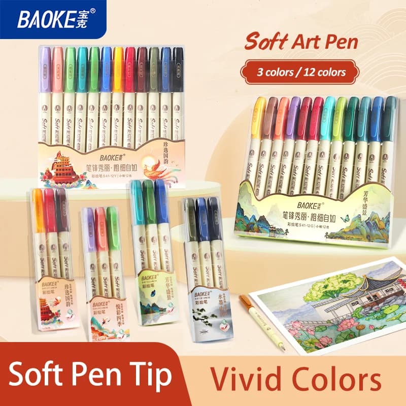BAOKE S41 Penna da disegno artistica con punta morbida Pennello per calligrafia Disegno artistico per schizzi, scrapbooking, journaling, inchiostro resistente allo sbiadimento
