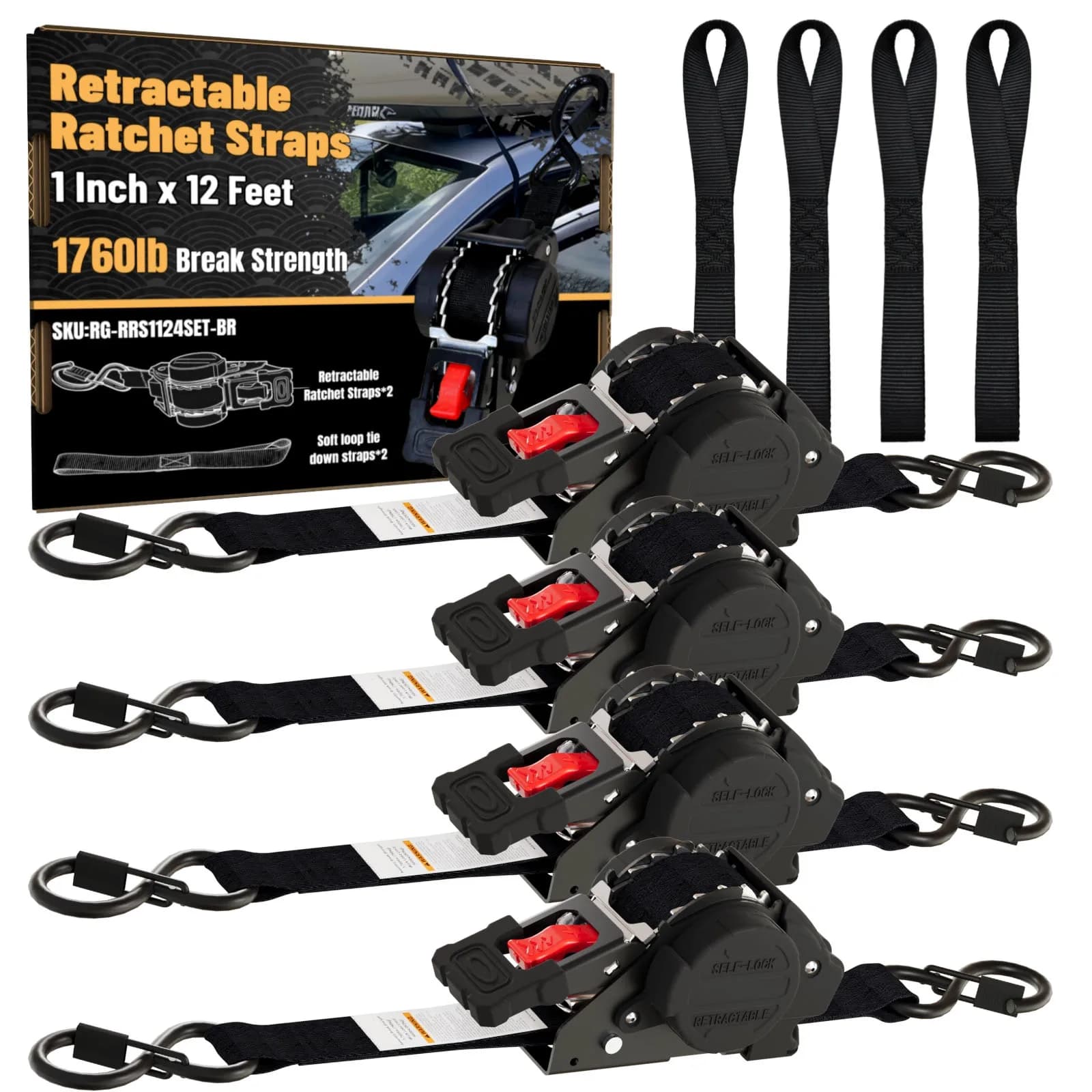 1 inch x 12 feet automatic retractable ham strap, self-retractable fastening strap with S hook, CE certified, high strength