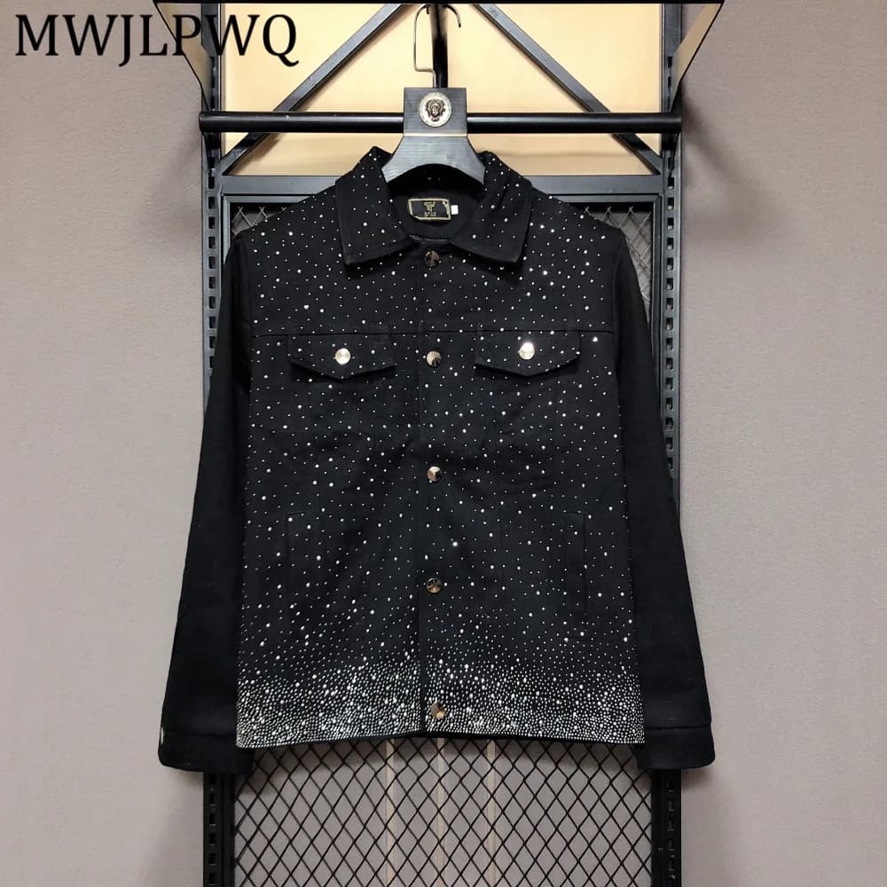 MWJLPWQ New Spring Autumn Men's Denim Jacket Trendy Black Rhinestones Design Slim Fit Casual Fashion Tops Spring Autumn 15465