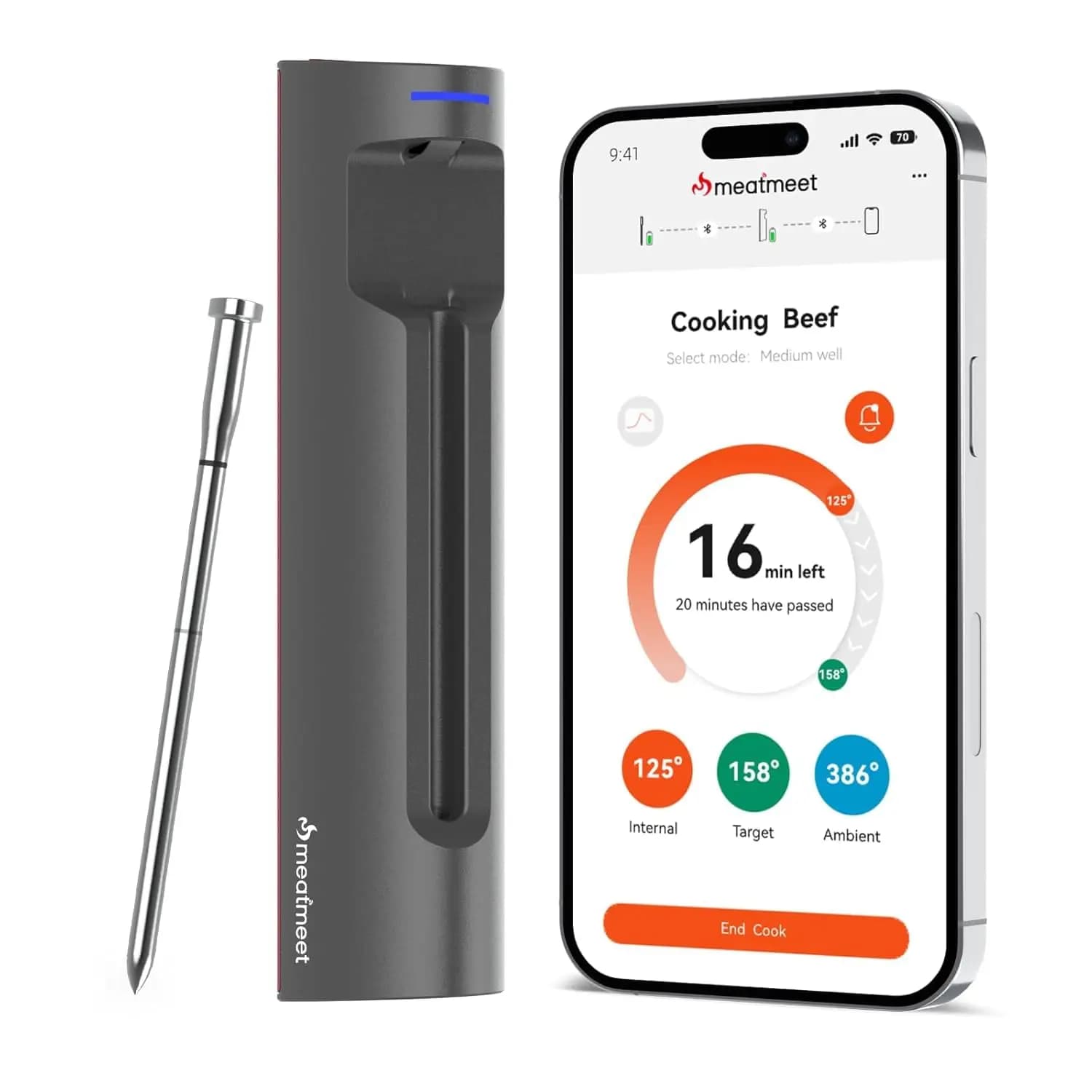 Wireless Bluetooth meat thermometer with app control, IP69 waterproof, digital kitchen probe for barbecue