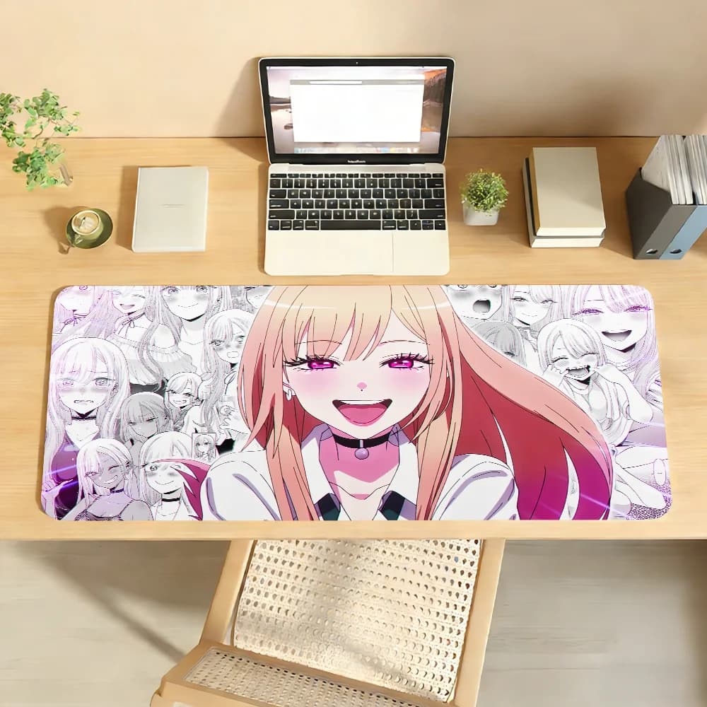Tappetino per mouse da gaming, grande tappetino da scrivania, antiscivolo, bordi cuciti, stampa collage di ragazza anime con capelli rosa, tappetino per tastiera da gaming
