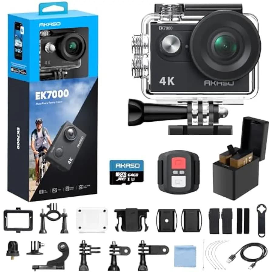 AKASO EK7000 4K30FPS 20MP WiFi Action Camera with 64GB MicroSD Memory Card Bundle EIS Ultra HD 131FT Waterproof Underwater Camer