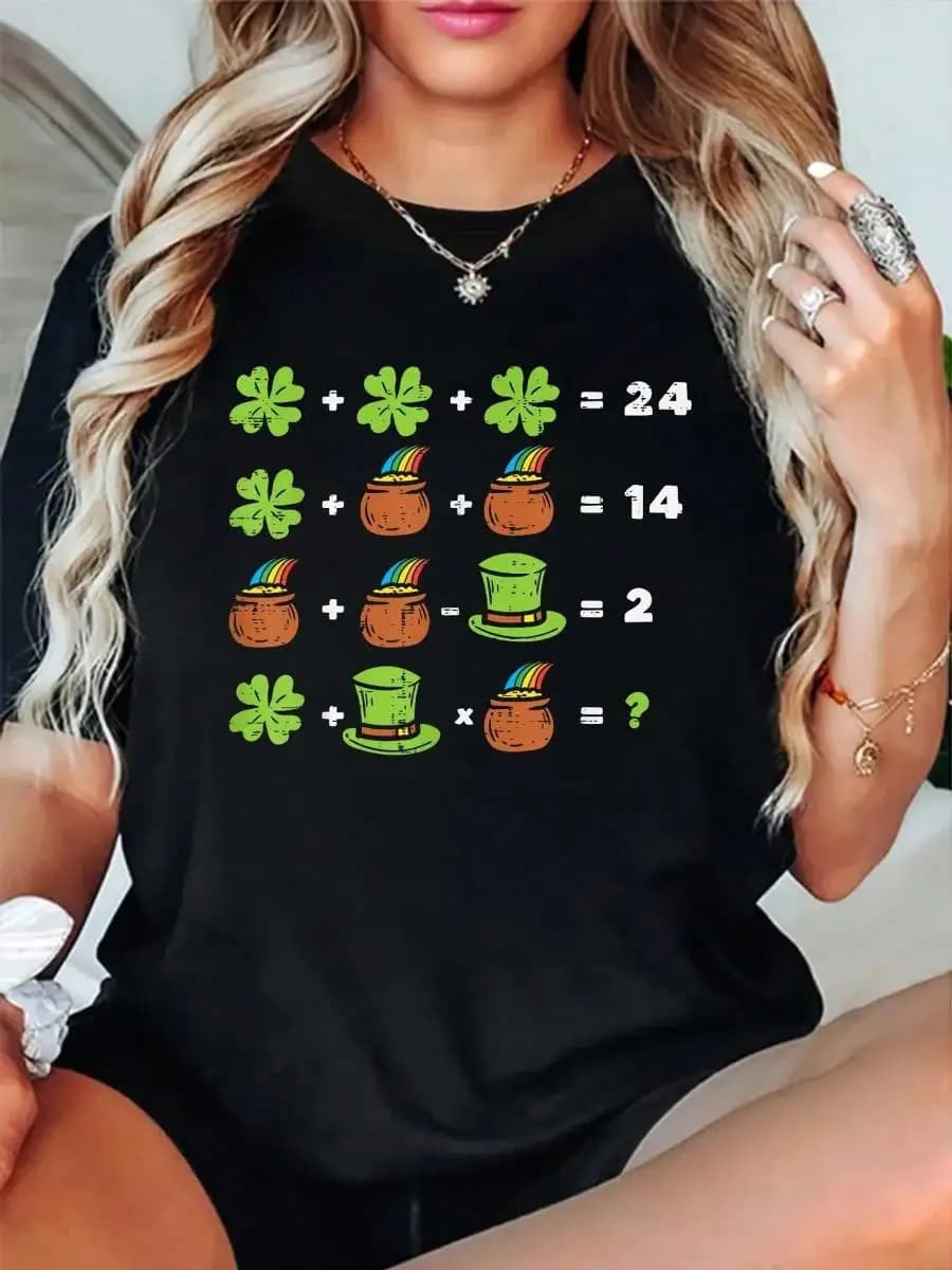 100_ Cotton Shamrock Math Equation Funny St Patricks Day Teacher Gift T-Shirt Men s Women s Soft Breathable Tee Classic Fashion Summer Tops Print