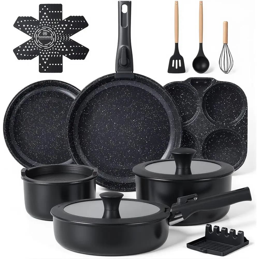 Set di pentole e padelle antiaderenti da 21 pezzi con manici rimovibili, padella per uova, adatte a induzione e forno, impilabili, colore nero