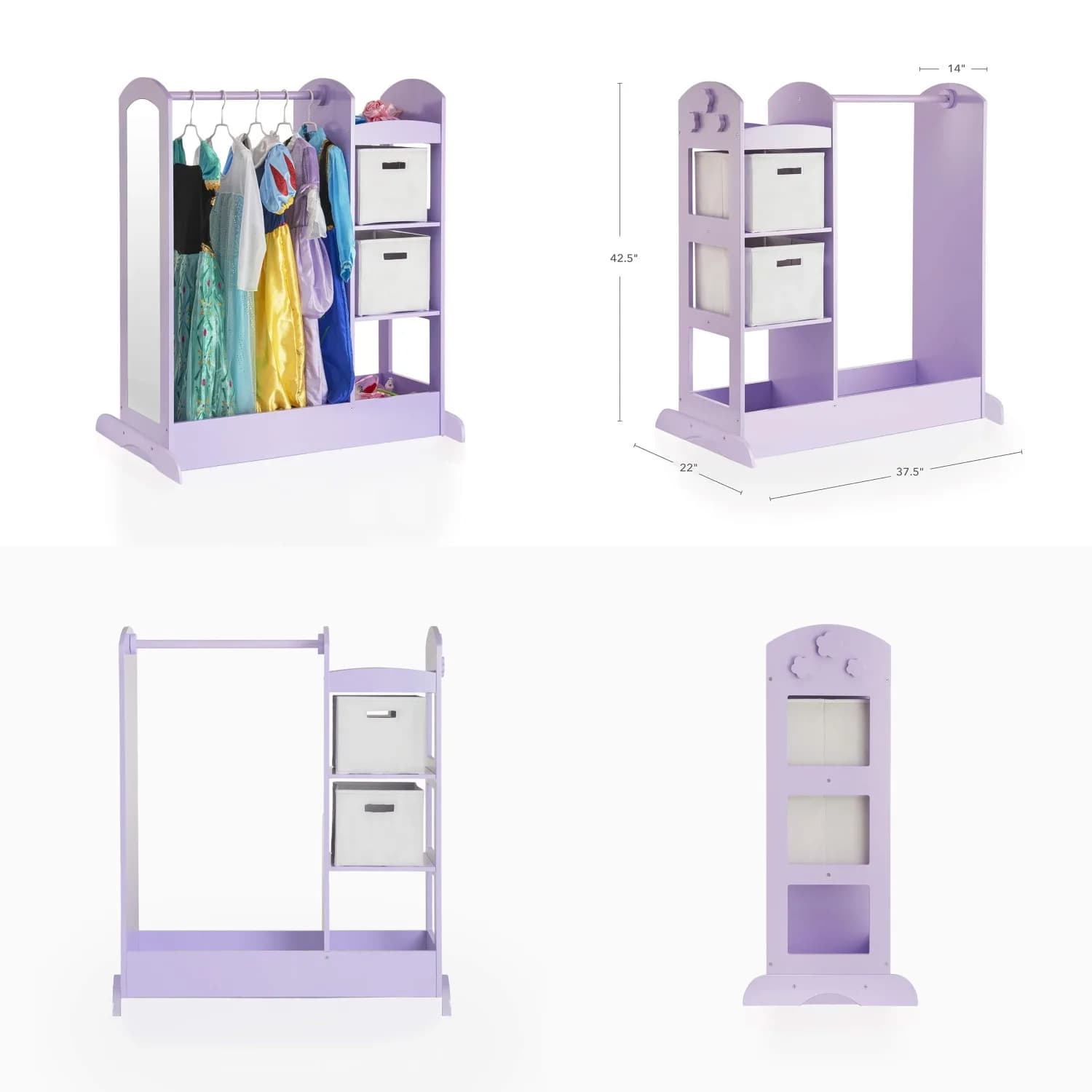 Armadio porta abiti per bambini con specchio, mensole e vassoio per giochi di ruolo, organizer per costumi, personalizzabile
