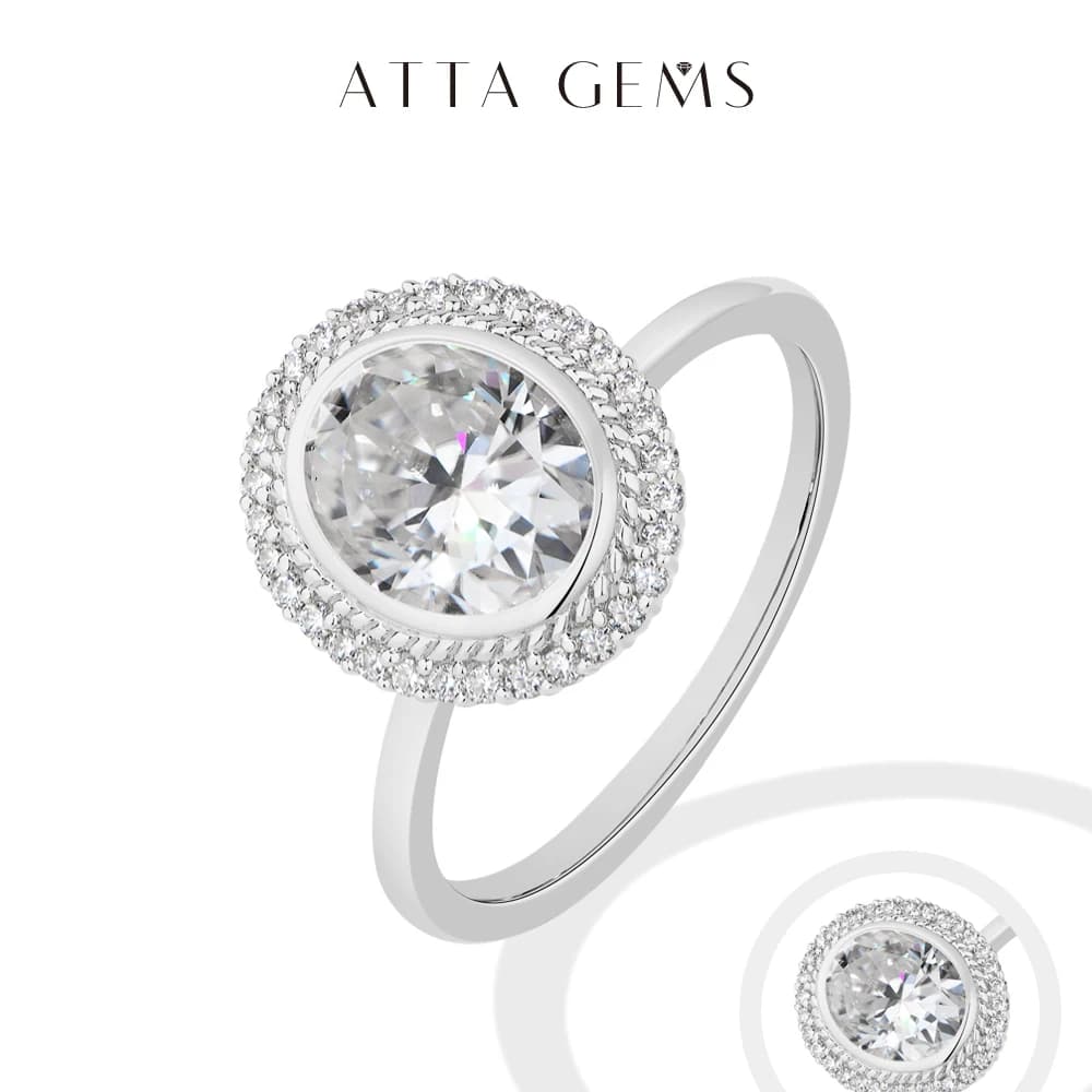 ATTAGEMS Oval Cut 2.0CT Moissanite Halo Engagement Ring for Women D VVS1 925 Silver 18K Gold Plated Luxury Band Wedding Jewelry