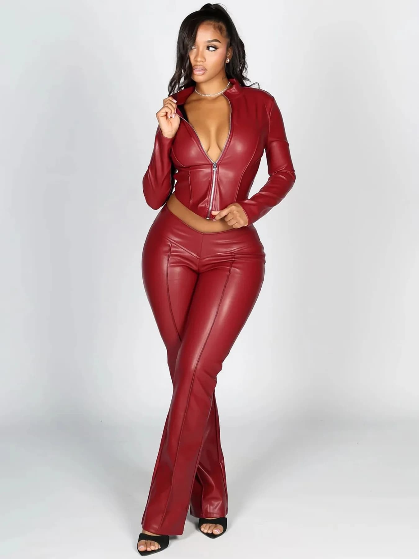 Set Two Pieces PU Leather for Women, Outfit Fitness Autumn Winter, Jacket with Zip Long Sleeves and Pants, Women's Streetwear Clothing