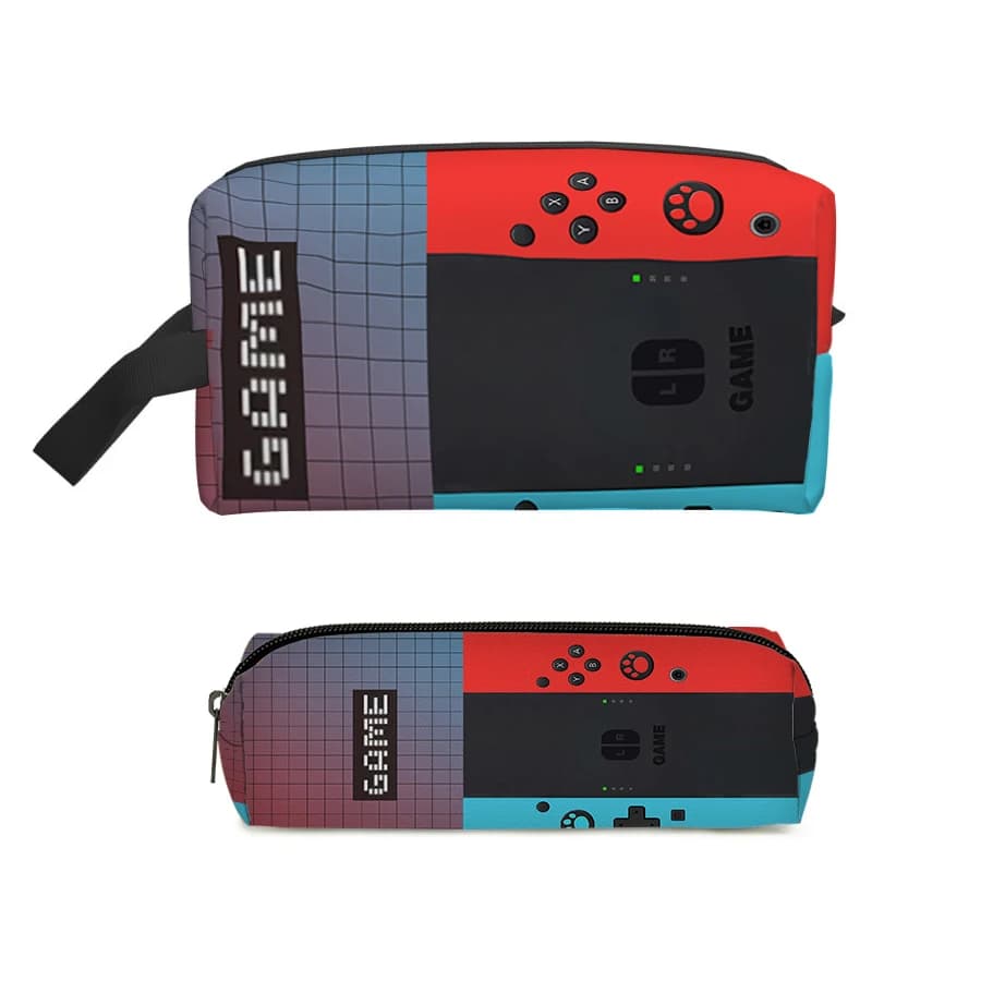 Borsa per cosmetici con motivo console per videogiochi in due pezzi, astuccio per matite per bambini e bambine, i migliori regali, borsa portaoggetti piatta 2D con cartoni animati