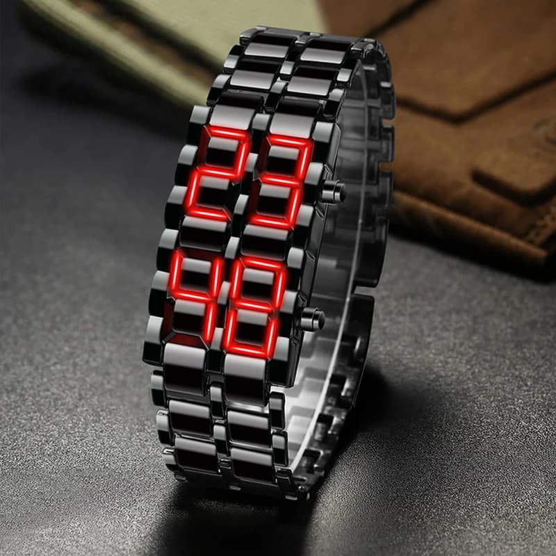 Men's Fashion Digital Lava Men's Wrist Watch Black Full Metal Red Blue LED Display Gift Watches for Men Boy Sports Creative Watch