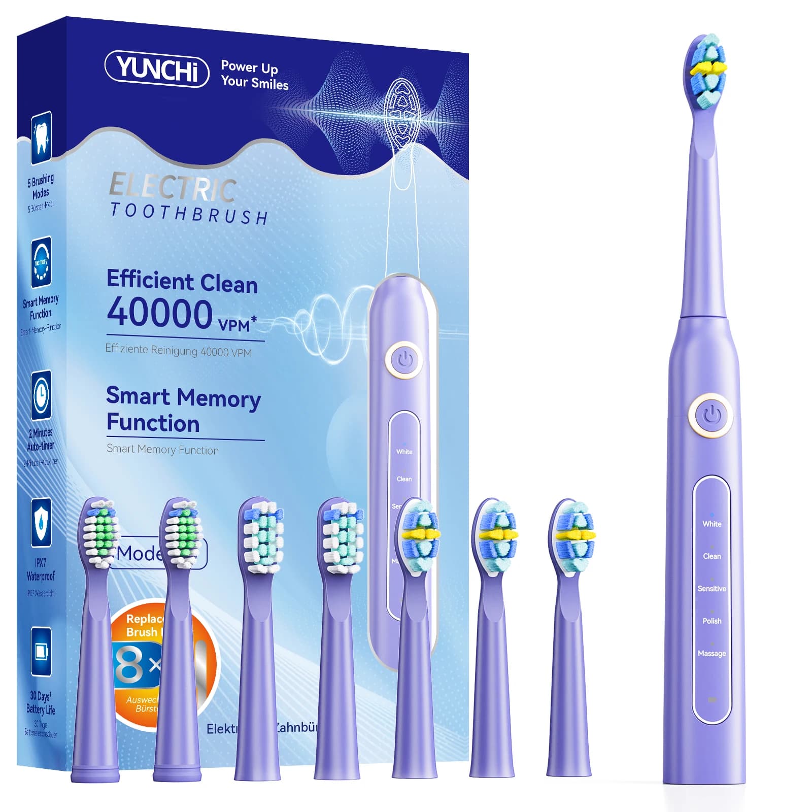 YUNCHi Sonic electric toothbrush USB charger Detergent for teeth 8 pieces Replacement heads 30 days long battery life 5 modes Y5