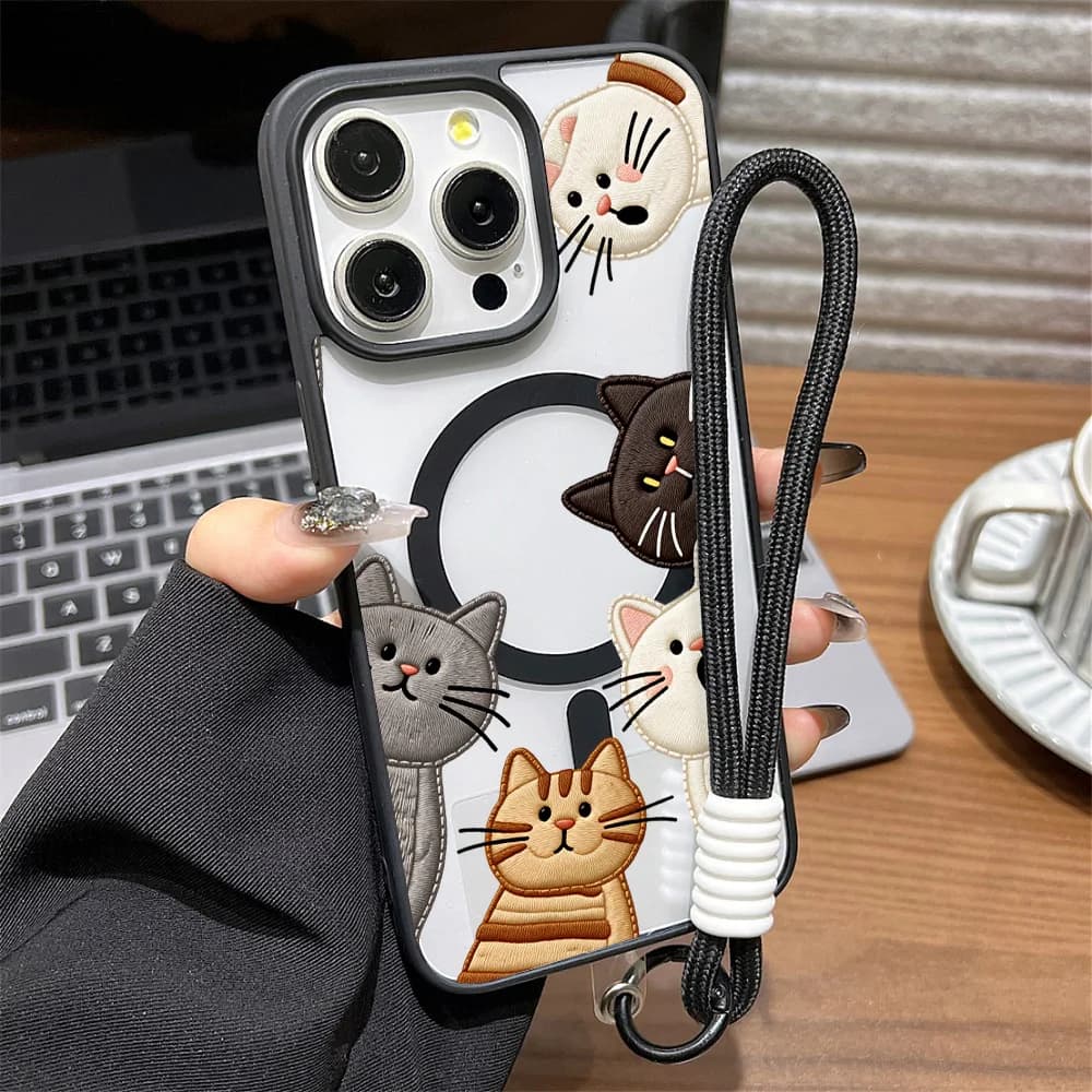 Cute Faux Embroidery Cat Phone Case For iPhone 15 16 12 14 11 17 13 Pro Max Air With Lanyard Wireless Charging Protective Cover