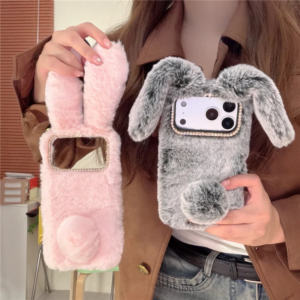 3D Funny Cute Plush long Ears Rabbit Protection Case For iphone 11 12 13 14 15 16 17 Pro Max Plus Warm Fluffy Fur Silicon Cover