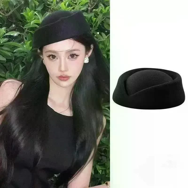 Beret Hat Caps Airline Stewardess Flight Attendant Vintage Hat Black Flat Top Hat Hair Clip Hair Accessories