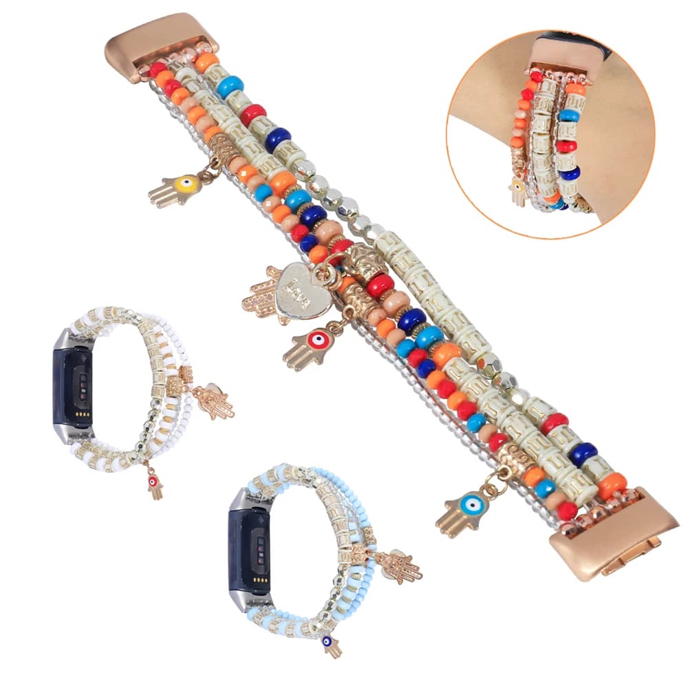 Handmade Beads Bracalet for Fitbit Charge 5 6 Bands Women Elastic Jewels Unique Replacement Strap for Fitbit Charge 3/4 Fashion