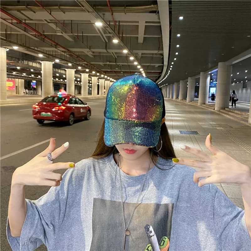 Hotsweet Sequin Hat Bonnets High Street Colorful Sequin Net Cap Harajuku Cyberpunk Cosplay Peaked Cap Y2k Women Baseball Cap