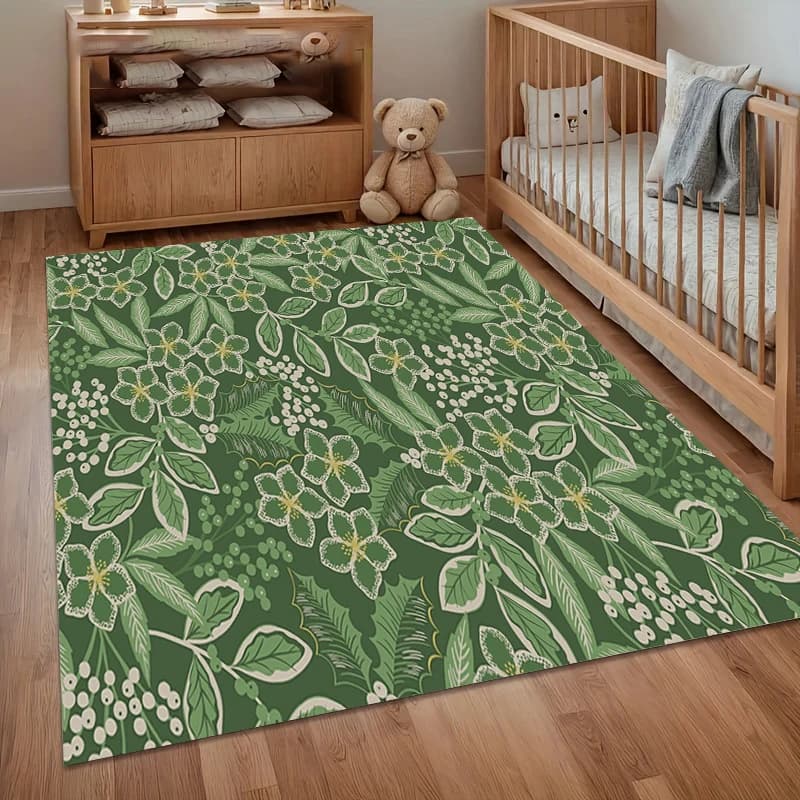 1pc Green Botanical Rug Leaf Flower Pattern Non Slip Floor Mat for Living Room Bedroom Rustic Home Decor Carpet