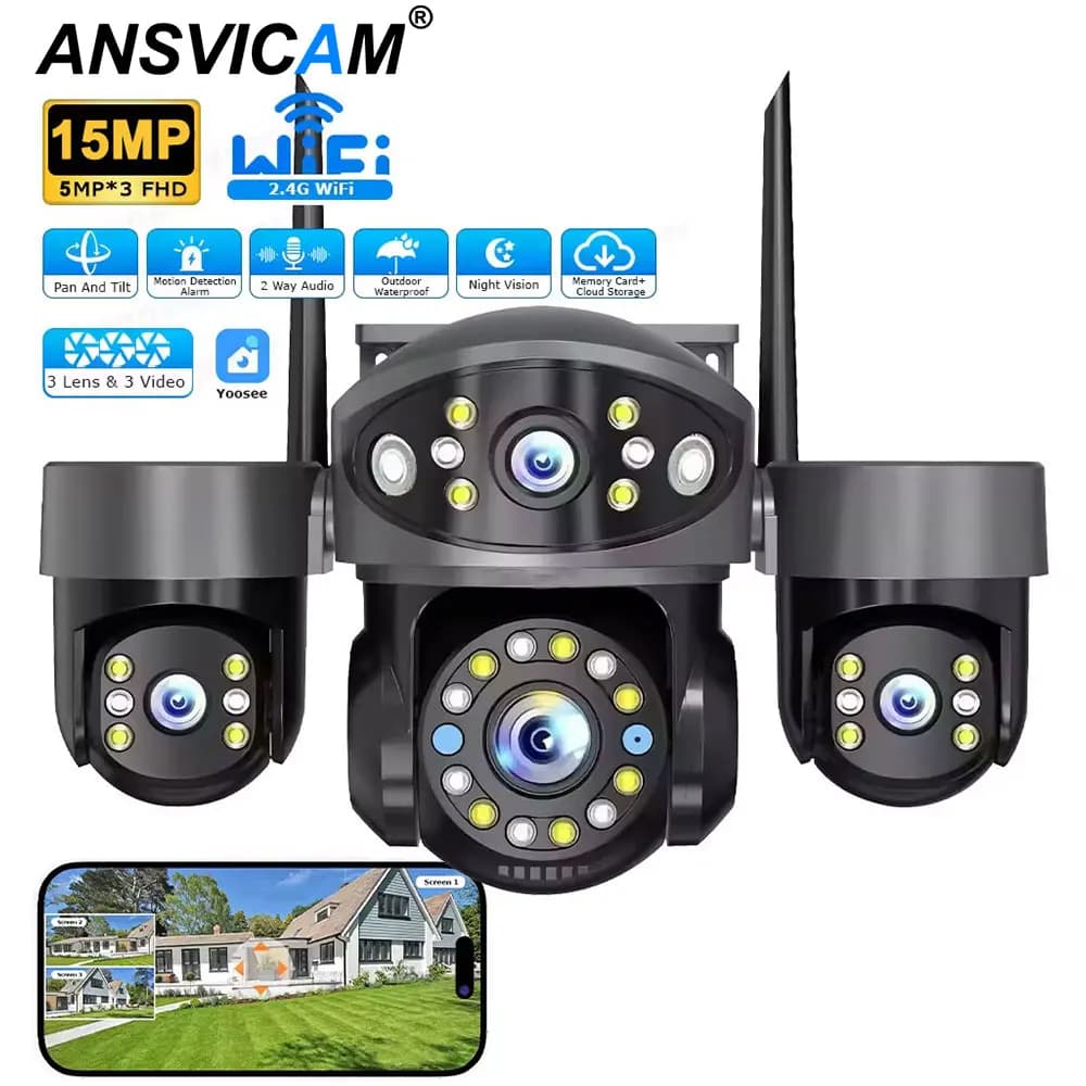 Telecamera IP WiFi 6K 15MP ICsee per Esterni con Tre Obiettivi e Tre Schermi, Monitor di Sicurezza PTZ con Visione Notturna e Impermeabile