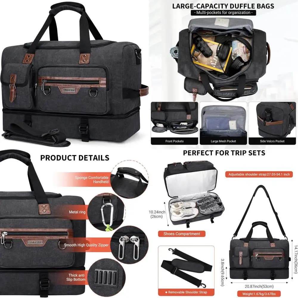 Borsa Weekender in tela da uomo - Borsone da viaggio notturno con scomparto per scarpe, nero