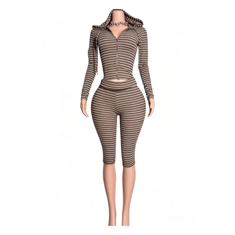 Stretch Ribbed Striped 2 Piece Set Women Fashion Long Sleeve Zipper Hooded Crop Tops + Skinny Calf Length Pants Casual Suits