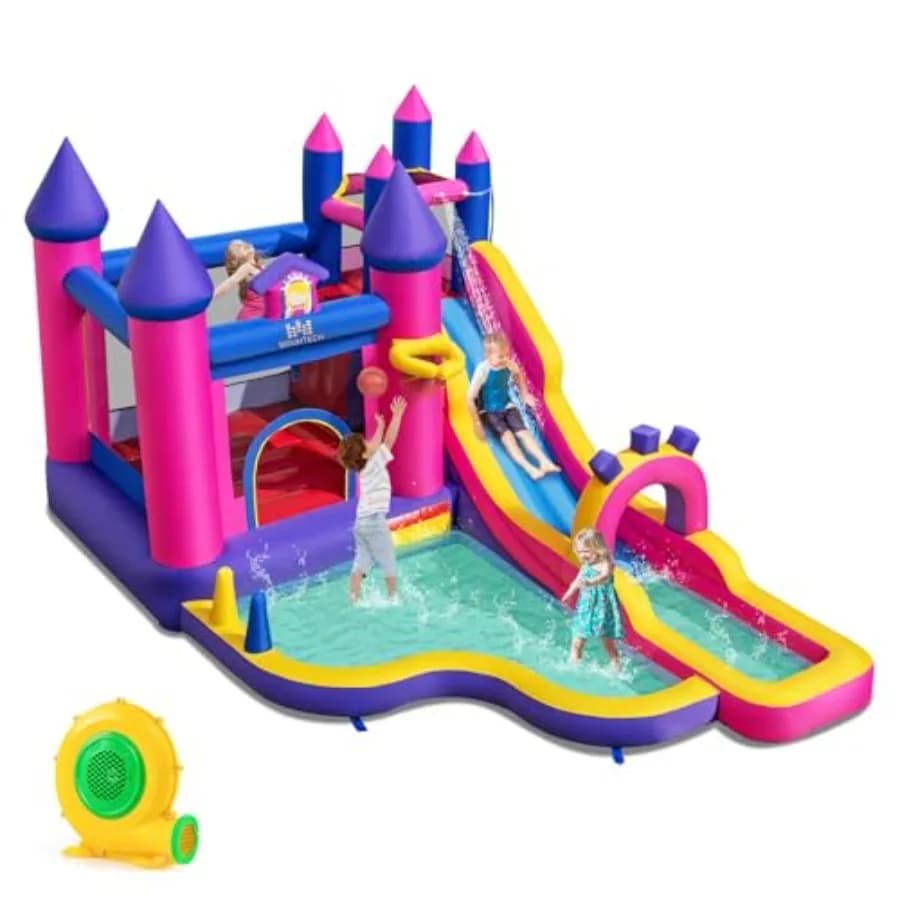 Scivolo d'acqua gonfiabile, parco acquatico Princess con scivolo lungo, area salti, parete da arrampicata, piscina con spruzzi, canestro da basket, gioco lancio dell'anello