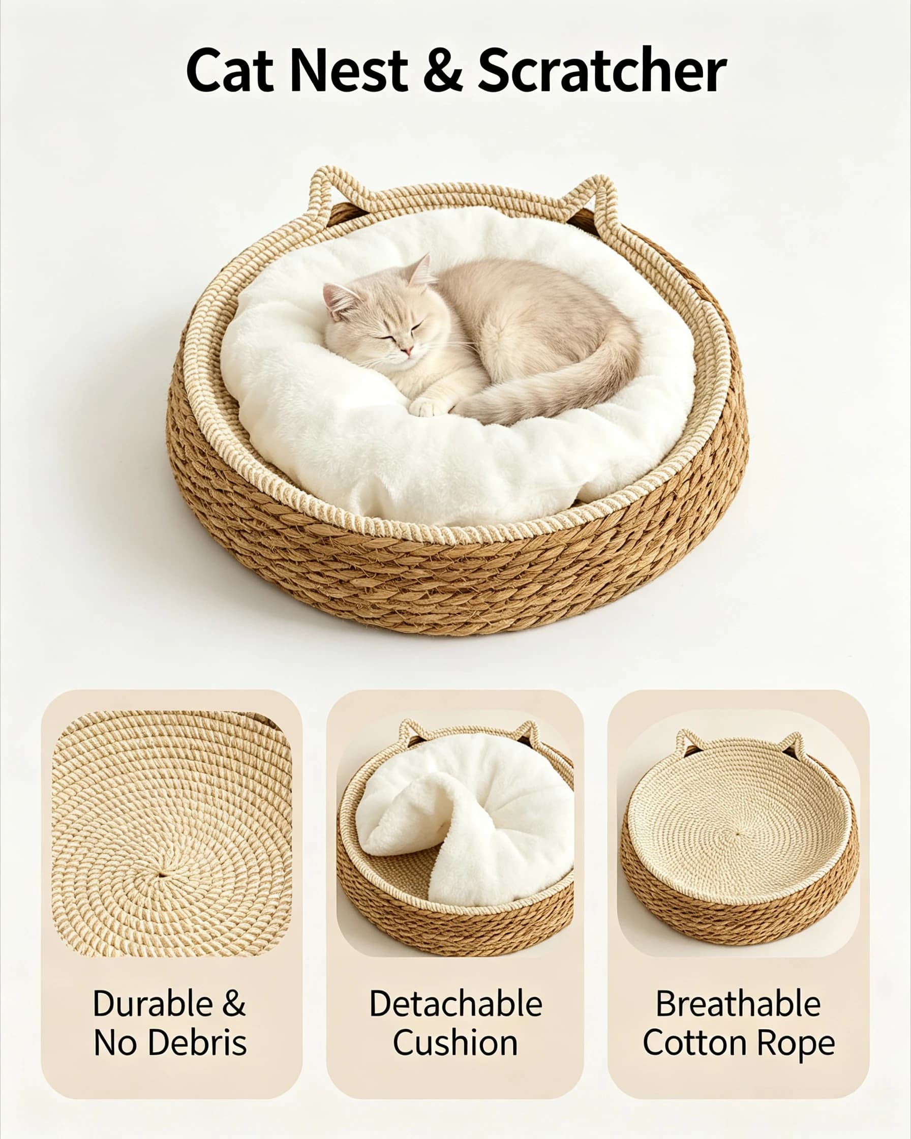 Cat Bed Sofa with Scratching Board Natural Rattan Weave Pet House Sleeping Bed Wear Resistant Furniture for Indoor Cats Dogs